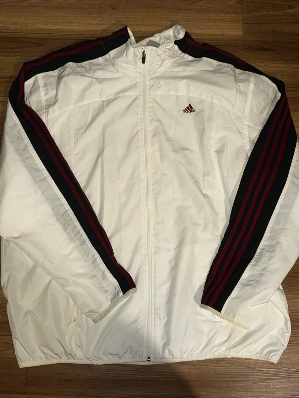 adidas White Windbreaker Jacket with Black & Red Stripe Detail